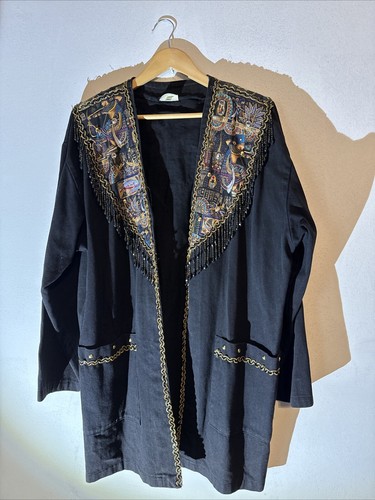 Charlie Casual OversizedDenim Long Jacket Large Vtg 80s Egyptian Print Deco (11)