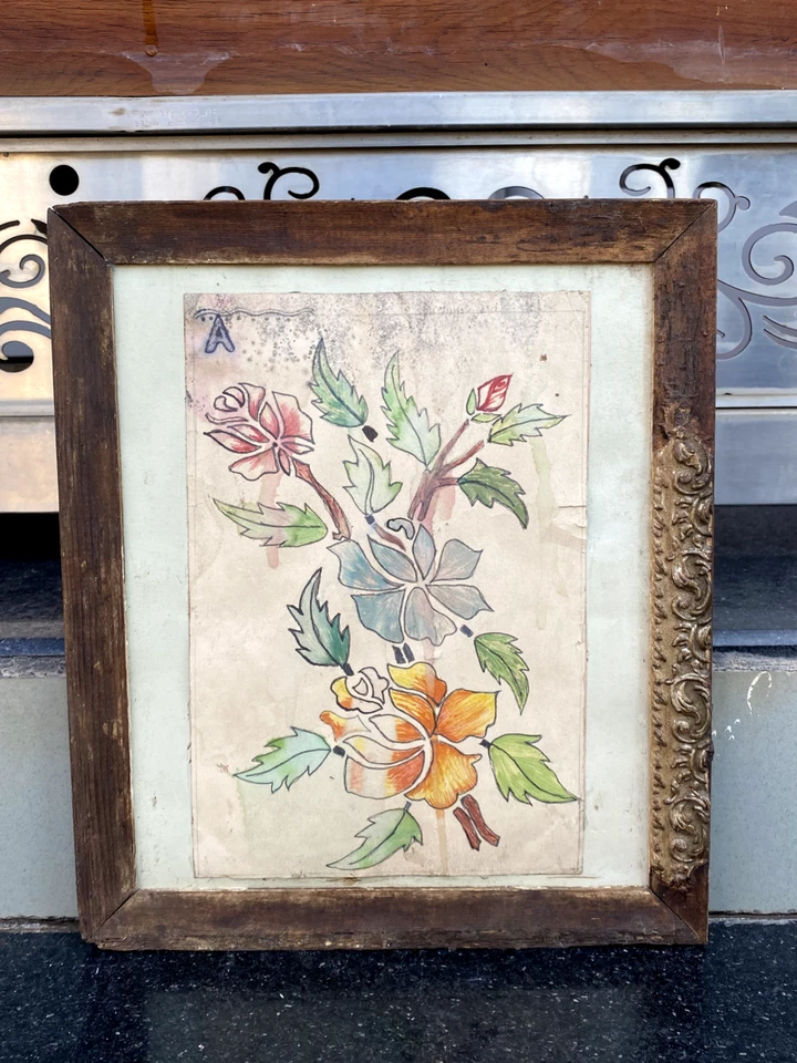 Antique Old Water Color Painting Of Flower Leaves Beautiful Painting Famed - Image 2 of 4