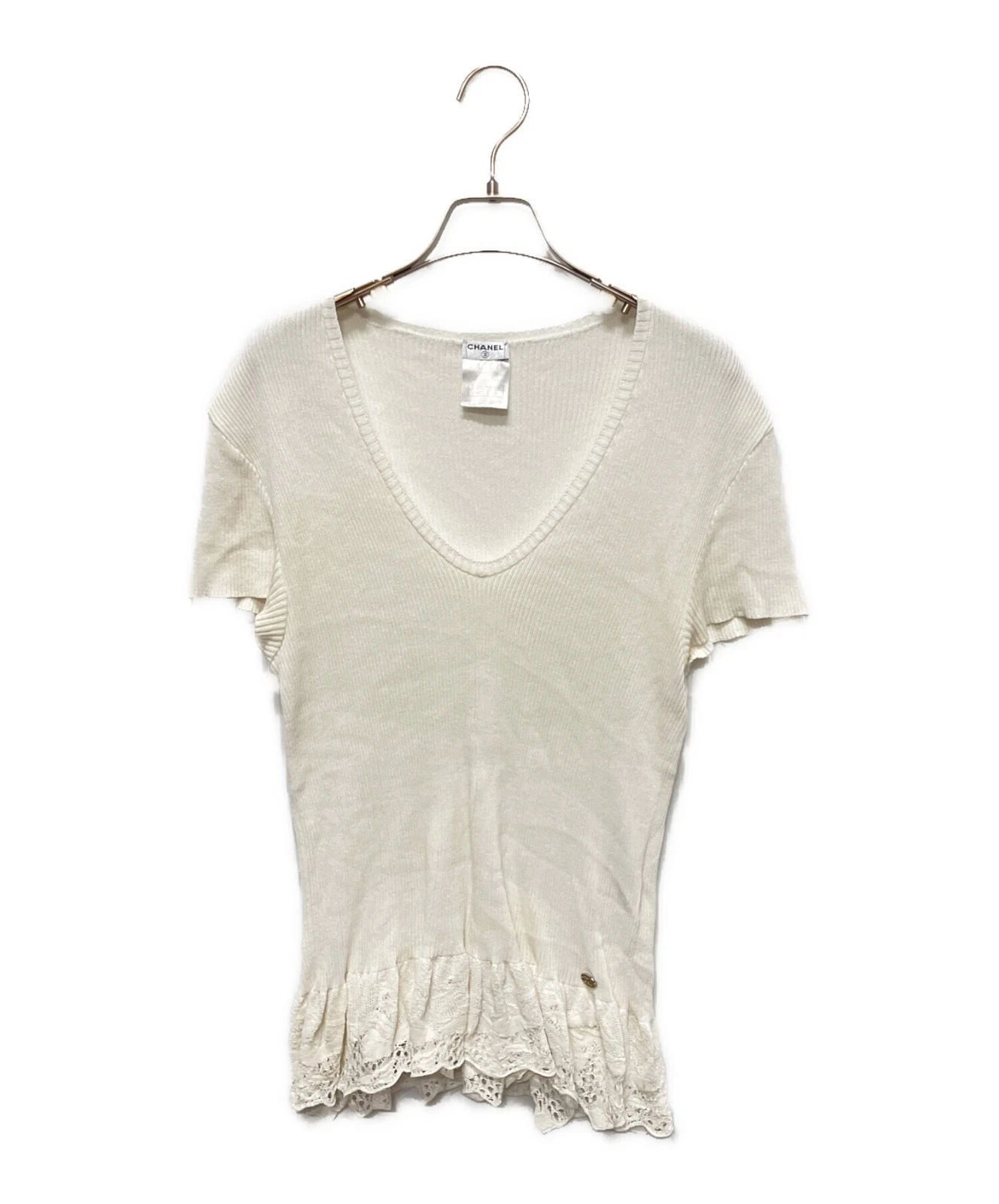 Chanel — CHANEL Authentic Women's Rib Knit Top Summer Sweater Short-sleeved Blouse Logo