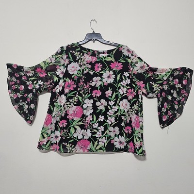 Kapser Women's Top Blouse Plus Size 3X Black Pink Floral Flutter Sleeves 775