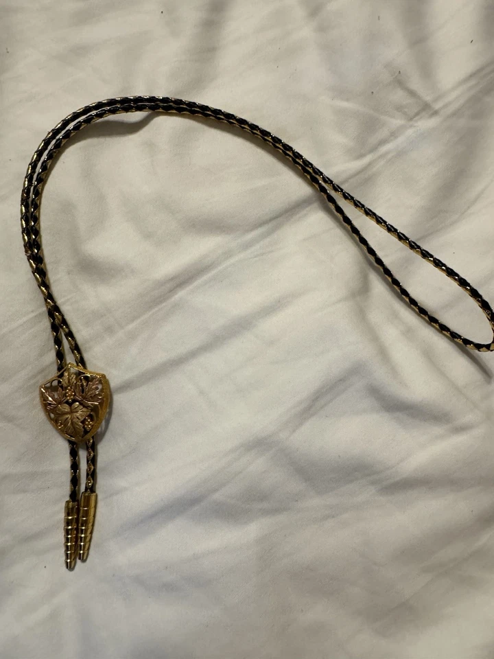 Corbata Bolo 10K Black Hills Oro Hojas de Uva Western Negro Dorado Cordón Trenzado Foto 3 de 4