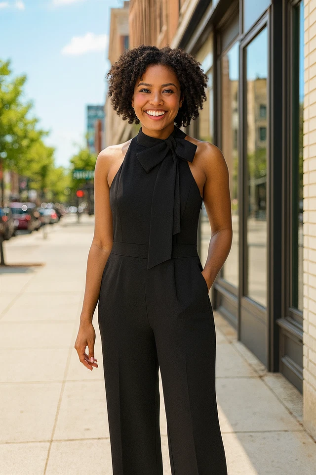 Mono Vince Camuto Para Mujer Talla 2 Negro Crape Piernas Anchas Cuello Atado Bolsillos Foto 3 de 4