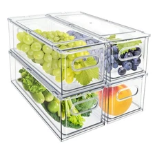 4Pack Stackable Fridge Drawers Pull-out Storage Bins with Handle Clear Food C...