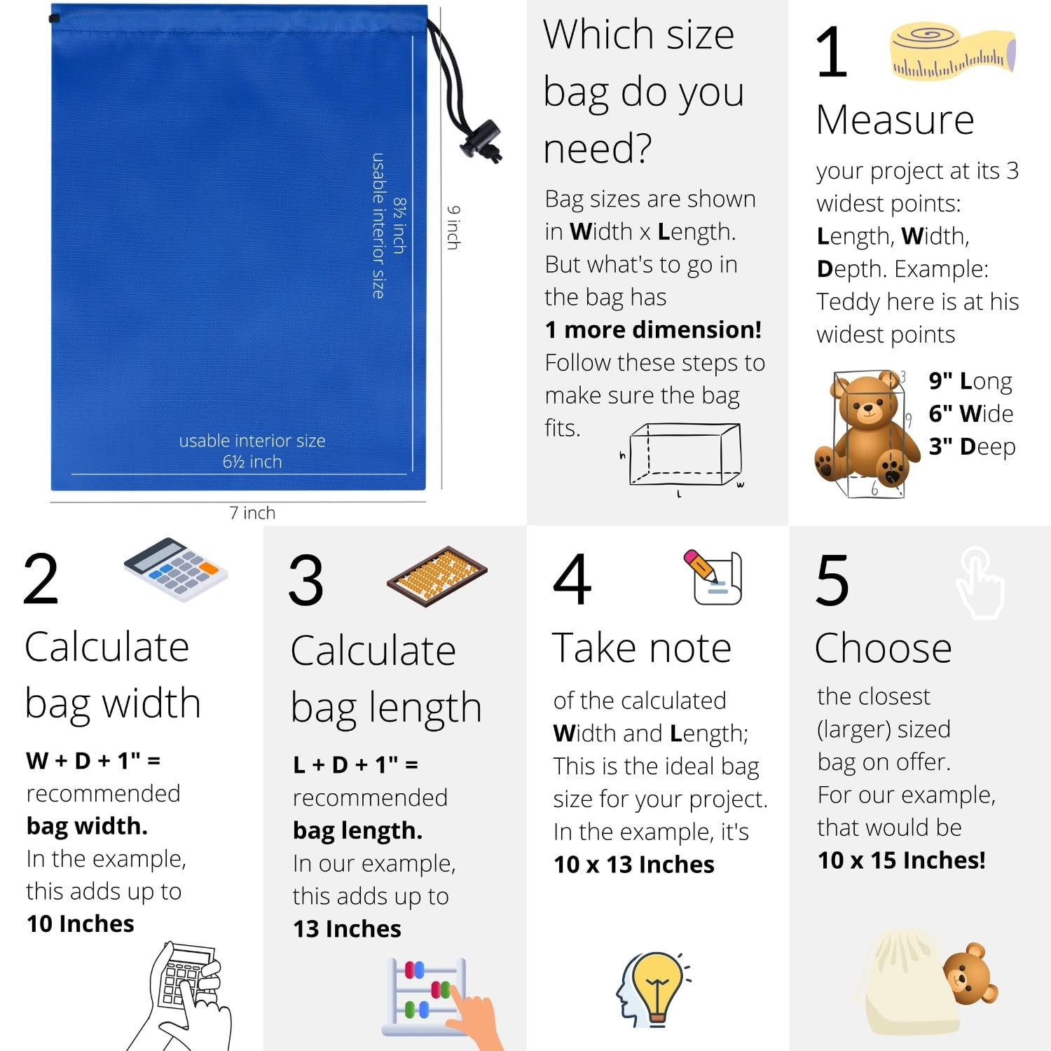 Drawstring Bag with Toggle - Nylon Cinch and Ditty Pouch () 7 x 9 Inch Blue