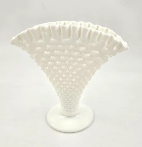 Vintage FENTON HOBNAIL White Milk Glass Crimped Fan Vase 8” x 8"