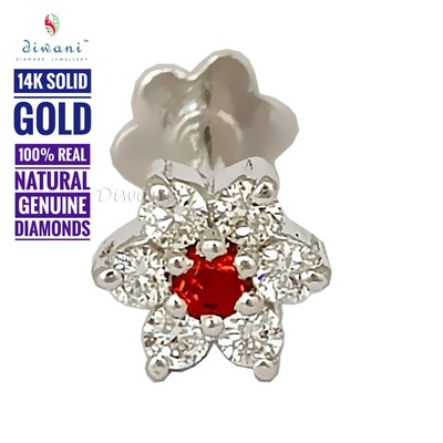 Natural 6 Diamonds & 1 Gemstone Flower Nose Lip Labret Piercing Pin Stud Screw