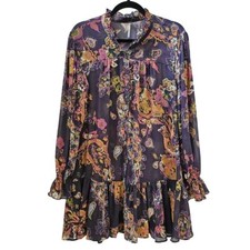 Free People Ibiza Nights Mini Dress Long Ruffled Sleeves Floral Print Button XS