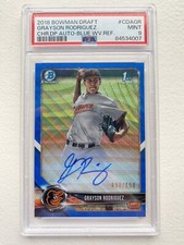 GRAYSON RODRIGUEZ 2018 BOWMAN CHROME 1ST AUTO BLUE WAVE 058/150 PSA 9 #CDA-GR 