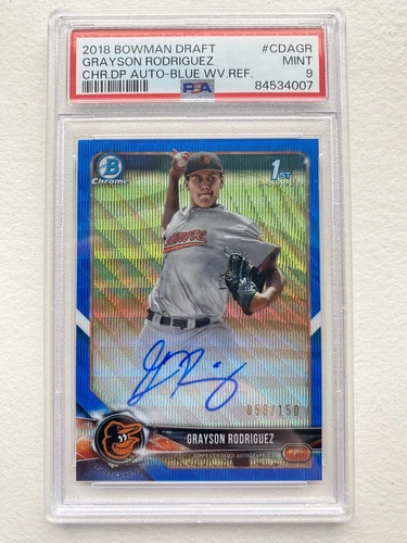 GRAYSON RODRIGUEZ 2018 BOWMAN CHROME 1ST AUTO BLUE WAVE 058/150 PSA 9 #CDA-GR 