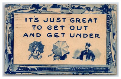 Comic Motto Great to Get Out and Get Under Umbrella 1914 Gravure Psotcard H18