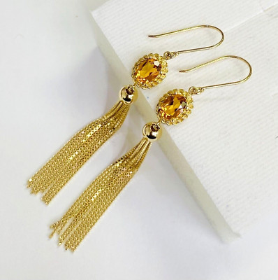 QVC Solid 14K Gold Oval Citrine Gemstone Tassel Drop Earrings