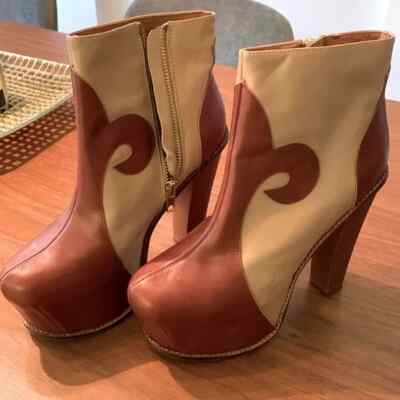US 6  Jeffrey Campbell HIGH HEELS LEATHER PLATFORM ANKLE BOOTS TAN BROWN
