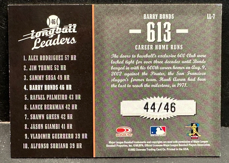 Barry Bonds 2003 Donruss Longball Leaders Seasonal Sums Foil SP SF Giants /46 - Image 2 of 2