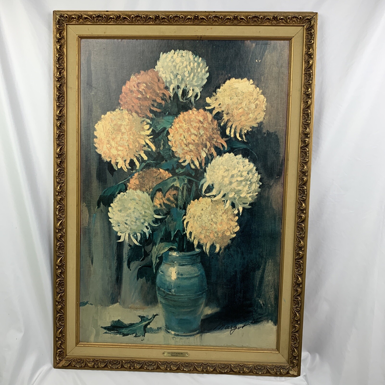 Large MID CENTURY Painting Litho Chrysanthemums Margot Vintage Modern