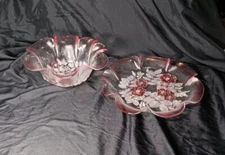 2 PC Pink Ruffled Edge Raised Floral Footed Serving Bowl 11” Platter 12.5" Vtg