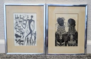 2 Heidi Lange framed Prints 4.5 X 6.5.  Masai Life and Two Turkana Girls Vintage
