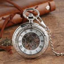 Silver Skeleton Hand Wind Mechanical Pocket Watch Roman Number Pendant Chain