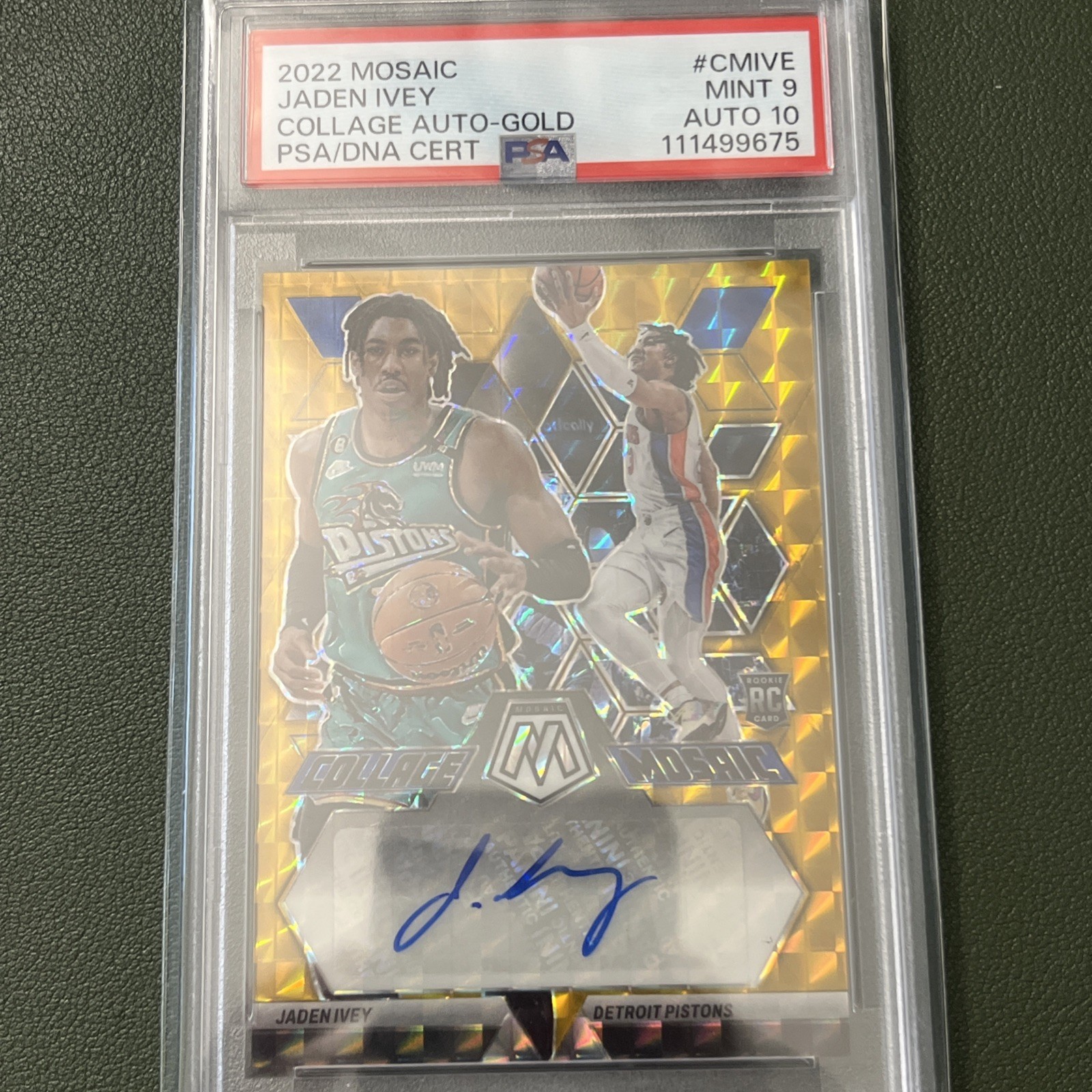 Jaden Ivey 2022 Panini Mosaic Gold Collage Rookie Prizm Auto /10 PSA 9/10 Auto