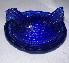 Vintage Cobalt BLUE #2 mini 2” Glass HEN On Nest Open Salt Dip Cellars *flaw #10