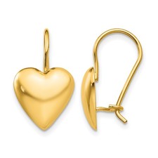 Puffed Heart Kidney Wire Earrings Real 14k Yellow Gold 11.5mm Women's Hollow
