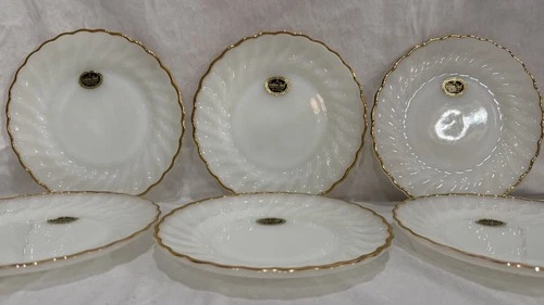 Vntg (6) Anchor Hocking 22K Gold Trim White Swirl Milk Glass Salad Plates NOS