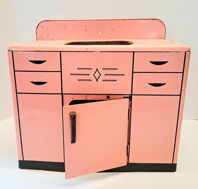 Vintage 1950's Wolverine Pink Tin Toy Kitchen Sink Cabinet Made in USA MCM