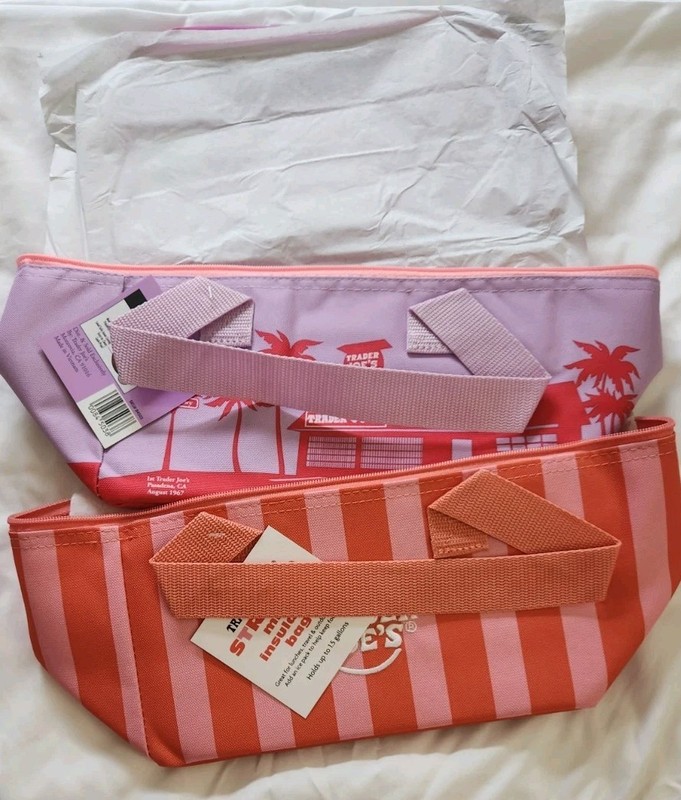 Trader Joe's Striped Mini Insulated Lunch Bags Pink Purple Palm Tree Set of 2 