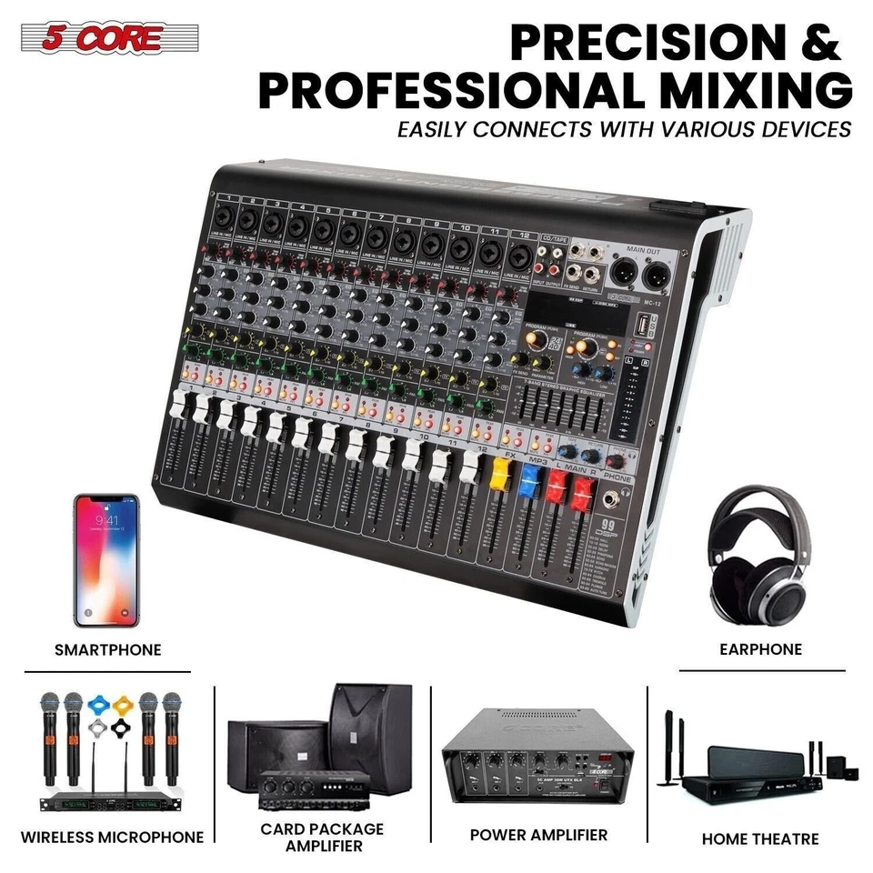 5Core Audio Mixer 12 Channel DJ Soundboard USB Interface Bluetooth XLR Console - Image 4 of 4