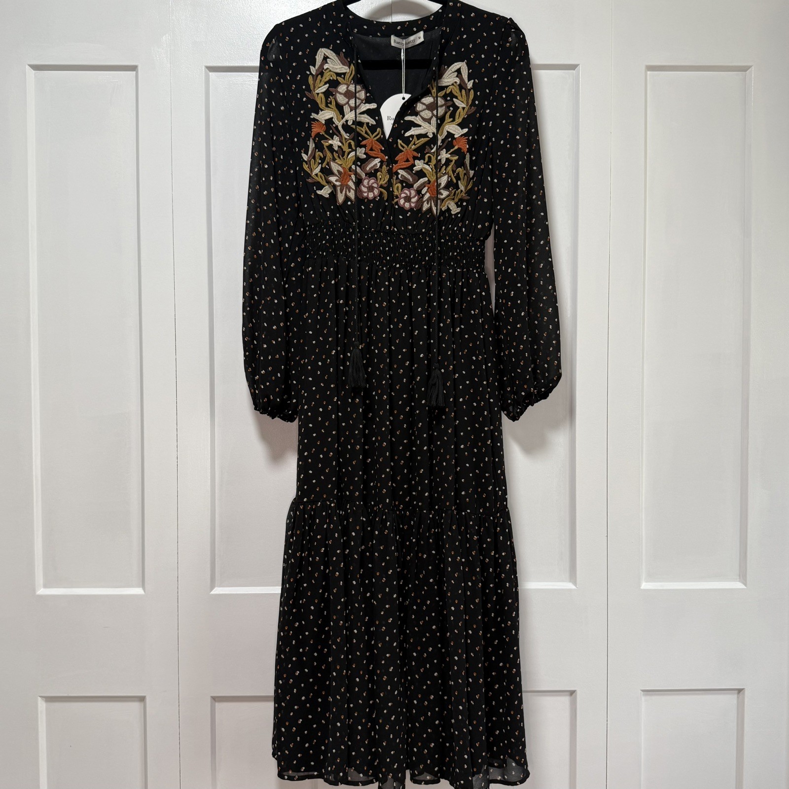 Rusttydustty Black Boho Floral Print V Neck Embroidered Maxi Dress M cottagecore
