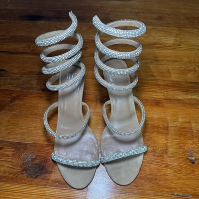 J LO Jennifer Lopez Daya Wedge Sandals Womens 9 Tan Clear Rhinestone Spiral EUC