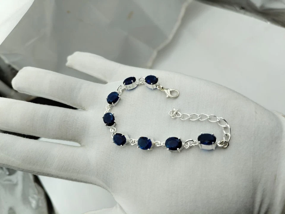 Pulsera de zafiro azul enchapada en plata de ley hecha a mano joyas regalo Foto 2 de 4