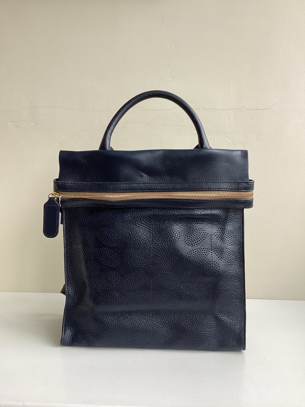 Orla Kiely 60’s stem punched leather laurel backpack in navy - New!