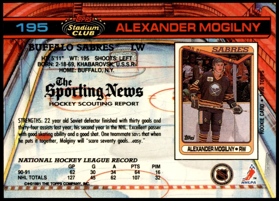 Alexander Mogilny Buffalo Sabres 1990 Stadium Club Topps Rookie Card RC #195 - Image 2 of 2