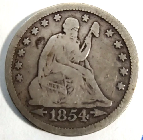 1854 (P) Seated Liberty Quarter 25¢ - Arrows & Rays  - VG - Very Good Condition