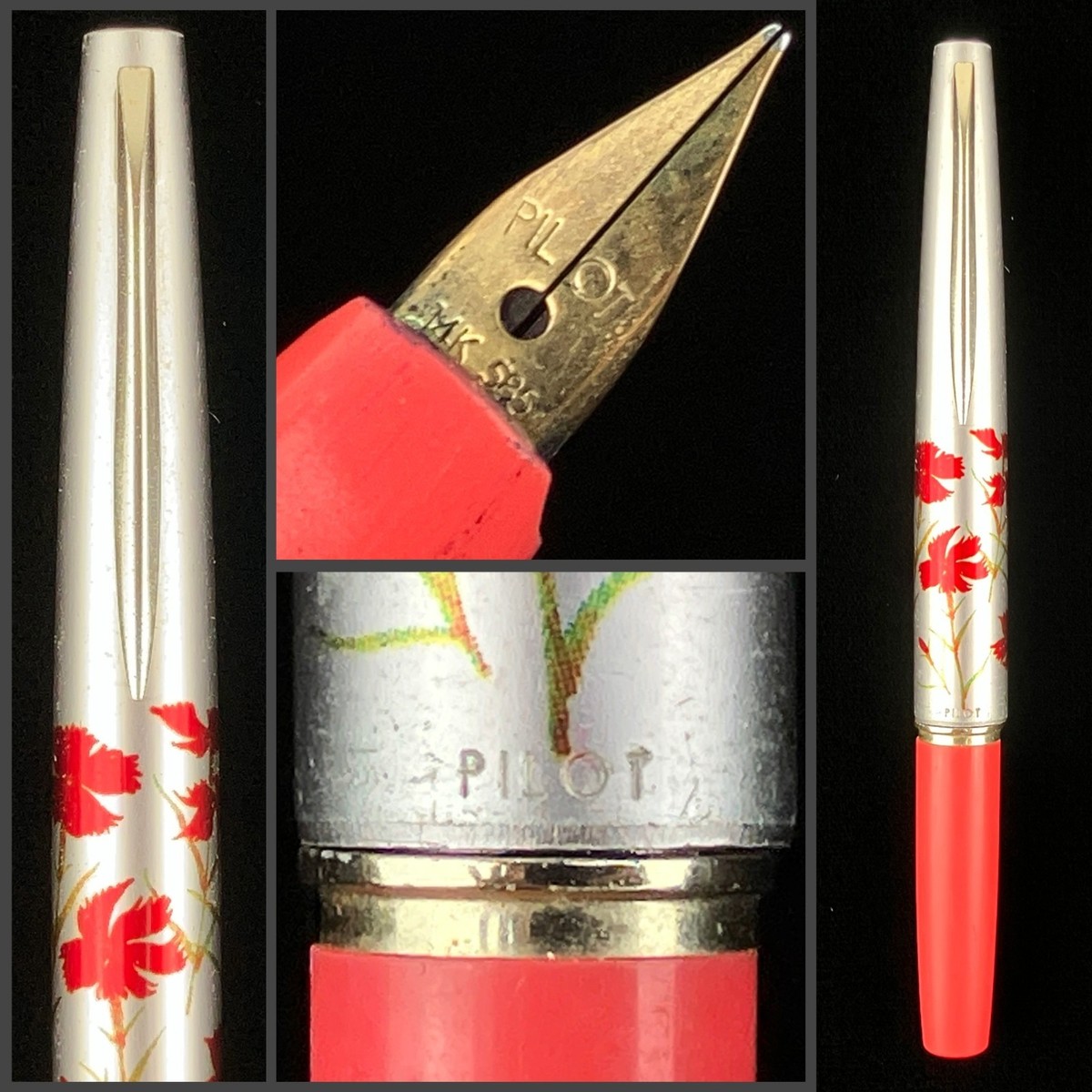 Vintage Pilot Lady Short Floral Pattern Red Compact 14k Gold Nib