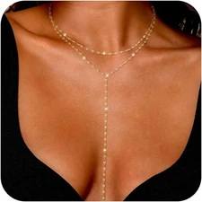NECOCY 14k Gold Plated Lariat Necklaces for Women, Dainty Long Layered Chain... 