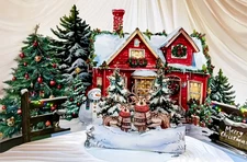 3D Pop-Up Christmas Greeting Card, Env & Seal - Snowy Red House & Reindeer