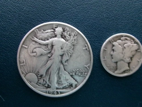 1943 Walking Liberty Half Dollar and 1936 Mercury Dime (Silver) VG/Fine