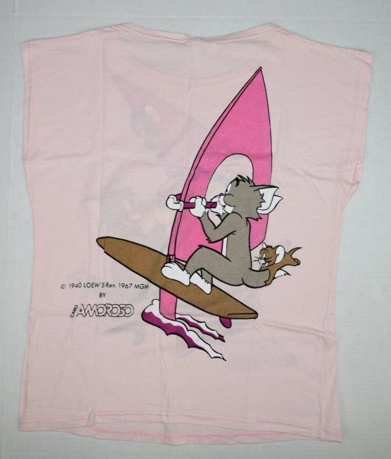 Vintage T-Shirt Amoroso Size S 70s Pink Tom and Jerry Windsurf Retro 1940 1967 - Image 2 of 4