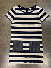 J. Crew Striped Dress with faux leather front Pockets navy white Size XXS