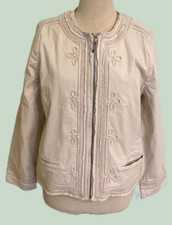 Chicos SZ 2 US 12/14 Cream White Zip Front Business Jacket Braided Trim Ornate