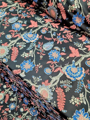 Brocade Floral Flowers Blue Coral Fabric Sold by the yard Black Jacquard For Dre - Picture 8 of 10