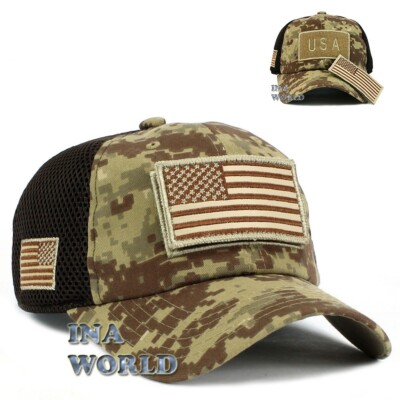 Camo Mesh Trucker Hat With USA Flag Patch - Adjustable Military Tactical Cap For Outdoor Activities
