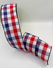RED WHITE BLUE CHECK July 4th Summer Wire Edge Ribbon 5 YD 2.5"Patriotic Gingham