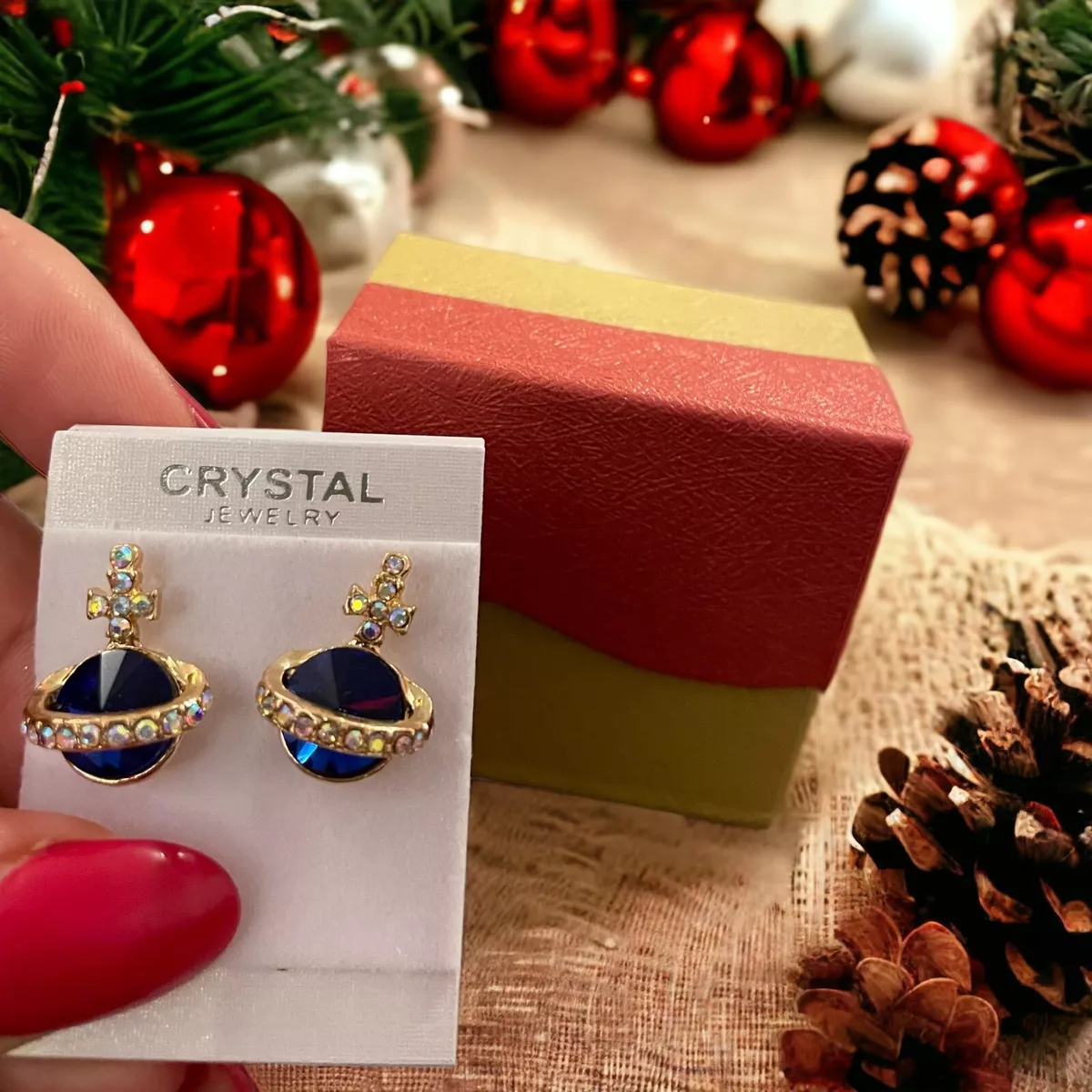 Orb ufo earrings studs royal blue gold tone with gift box Christmas gift idea