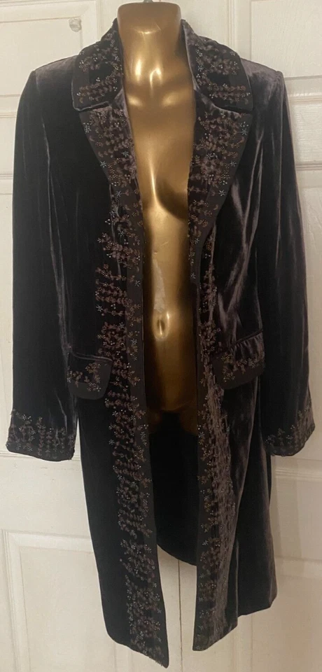 Abrigo LAURA ASHLEY Marrón Terciopelo Forrado de Seda con Bordado y Adorno de Cuentas UK8 Foto 3 de 4