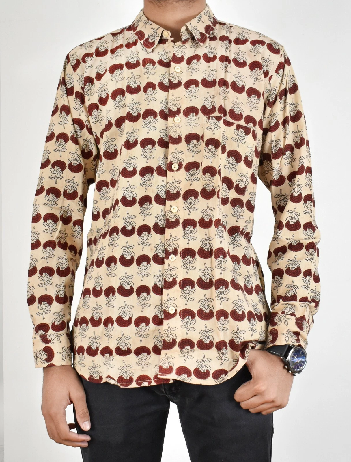 Indian Beige Floral Shirt Wedding Pate Wear Boys Cotton Handblock Floral Shirts