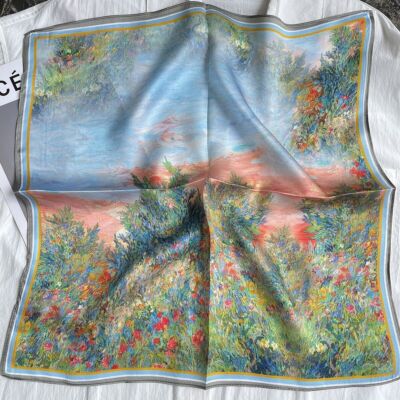 Women 100% Silk Scarf Vintage Blue Green Tree Print Neckerchief Bandana 53*53cm