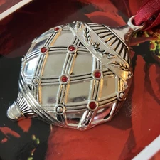 Regent Square Silver Plated Christmas Ball Ornament w/ Red Swarovski Crystals