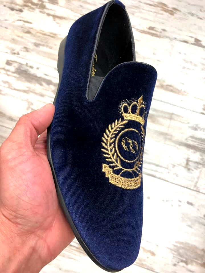 Men's Velvet Slippers Blue Moccasin Loafers Shoes King Crown ...